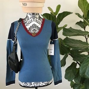 RVCA Blue and Navy V-Neck Sweater with Burgundy Trim